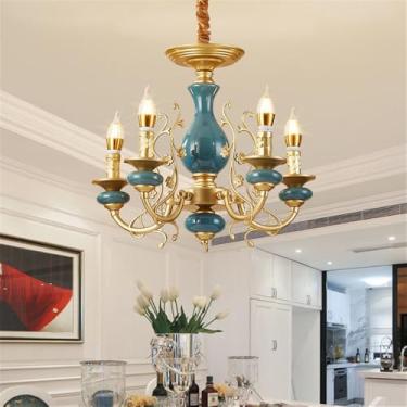 Imagem de Lustre de cerâmica europeu com luzes LED, estilo retrô americano, para sala de estar, restaurante, quarto, escritório, casa de campo, hotel ou café (B 5 lâmpadas)