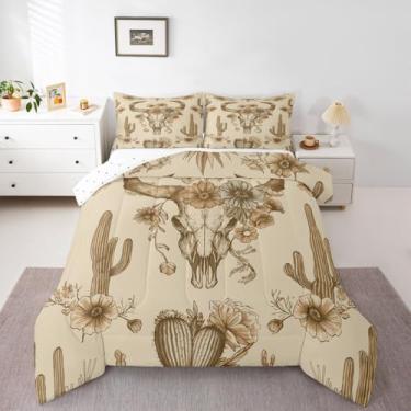 Imagem de Erosebridal Conjunto de edredom casal de caveira de touro, chifres étnicos, asteca, símbolo tribal, vintage, boêmio, macio, quente, floral, tropical, cacto, 3 peças com 2 fronhas