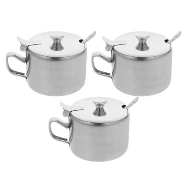 Imagem de BESTonZON Conjunto de 3 tigelas de açúcar de aço inoxidável com colher de tampa, 3,7 cm, potes de tempero multiuso para cozinha, bancada, sal, pimenta, condimentos