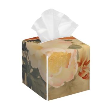 Imagem de Porta-lenços de papel quadrado de couro à prova d'água flor retrô laranja branco organizador de papel facial com cinto inferior cubo estojo de lenços para mesa banheiro escritório mesa carro