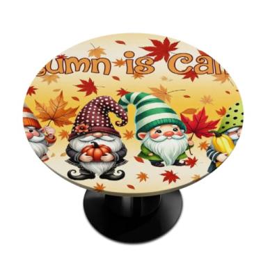 Imagem de hongjinglin Toalha de mesa redonda redonda com borda elástica gnomo dourada para outono, toalha de mesa redonda para decoração de cozinha de 101 a 111 cm