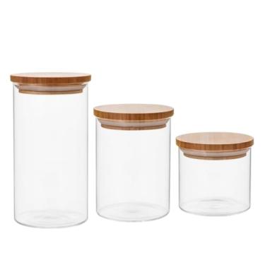 Imagem de Kit 3 Potes de Vidro Circular Hermético, Tampa de Bambu, Borossilicato, Vedação em Silicone, 500ml, 800ml, 1000ml, Multiuso para Alimentos Secos