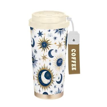 Imagem de SEHANY Caneca de viagem Sol e Lua 482 g Copos de café reutilizáveis revestidos de cerâmica com tampa à prova de vazamento, parede dupla, isolamento a vácuo, copo de café de aço inoxidável para bebidas