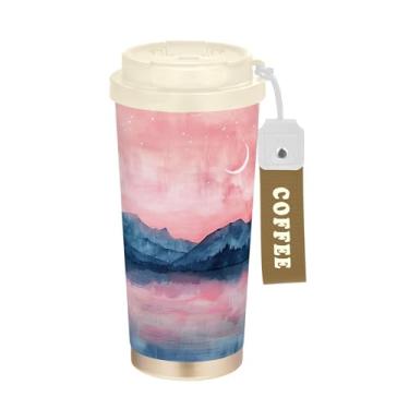 Imagem de SEHANY Caneca de viagem com paisagem de montanha em aquarela de 482 g, copos de café reutilizáveis revestidos de cerâmica com tampa à prova de vazamento, parede dupla, isolamento a vácuo, copo de café