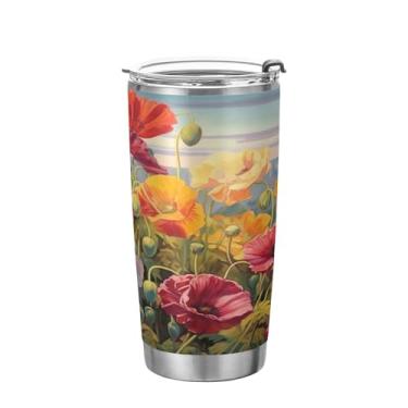 Imagem de xigua Copo de flores silvestres de jardim aquarela com tampa de palha, caneca de viagem a vácuo de parede dupla, caneca de café bem isolada, copo de aço inoxidável para bebidas quentes e frias, 600 ml