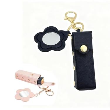 Imagem de Porta-chaves de batom portátil – Protetor labial espelhado em forma de coração, mangas protetoras de couro, suporte de batom para mulheres, viagens, armazenamento de maquiagem