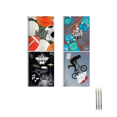 Imagem de Kit Caderno Universitário Vibe Masc 80F Tilibra + Caneta Trigel Branca 0.8mm Caixa com 12 Unidades