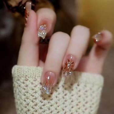 Imagem de Pregos postiços médios longos de caixão francês glitter com design de strass requintado cobertura completa cola acrílica falsa em unha para mulheres, 24 peças