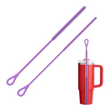 Imagem de Escova de limpeza de palha de silicone, 2 peças de escovas de palha reutilizáveis extra longas para limpeza de copo com alça e canudos de smoothie de metal de vidro, alças antiderrapantes macias