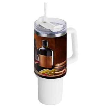 Imagem de Kigai Copo de 1,134 g com tampa e canudo, uvas e vinho tinto à prova de vazamento durável copo isolado de aço inoxidável com alça, garrafas de água à prova de derramamento para viagens