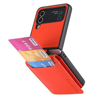 Imagem de Capa de telefone com suporte de cartão, capa de câmera e proteção de dobradiça, capa de couro magnético funciona com suportes magnéticos para carro capa de telefone para Samsung Galaxy Z Flip 4/3/2/1 (Z Flip 3 laranja)