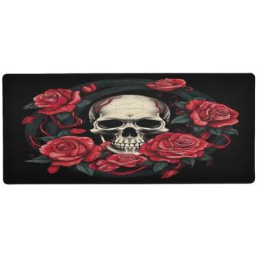 Imagem de Wassud Mouse pad caveira com rosas vermelhas para jogos com base de borracha antiderrapante, mouse pad longo para teclado de computador com borda costurada, almofada grande impermeável para escritório