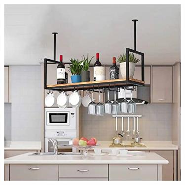 Imagem de APUM Rack de vinho pendurado, suporte de garrafa de teto de metal, suporte de armazenamento de vinho vintage com prateleira de vidro para taças para embaixo do armário, cozinha, bar