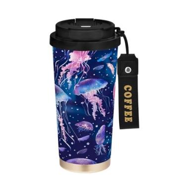 Imagem de STAYTOP Copo de café de aço inoxidável de 500 ml, caneca de café de viagem isolada de água-viva luminosa com tampa, copo de café à prova de derramamento, copos portáteis reutilizáveis para bebidas