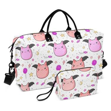 Imagem de Burbuja Bolsa esportiva de viagem feminina, bolsa kawaii de gato com asas, bolsa noturna de ombro com manga de carrinho, academia e higiene pessoal, tamanho grande
