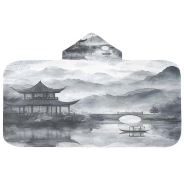 Imagem de Burbuja Toalha de banho com capuz de paisagem de pintura de tinta chinesa para crianças, toalha de praia de pelúcia macia absorvente para meninas e meninos 3-10 anos, 61 x 127 cm