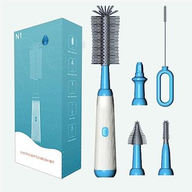 Imagem de Conjunto de Escova Elétrica para Garrafas 6 Peças com Limpar Bebê Mamilo Limpador Chupeta Canudo Manípulo Elétrico Multifuncional 2 Modos Limpeza Cabe