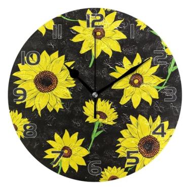 Imagem de YETTASBIN Relógio de parede girassóis, silencioso, sem tique-taque, operado por bateria, relógio redondo decorativo criativo para cozinha, sala de estar, banheiro, decoração de escritório em casa