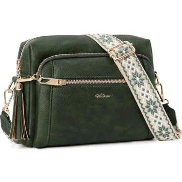 Imagem de HILAEX Bolsa tiracolo de couro pequena para mulheres, bolsas antirroubo e bolsa de ombro com borla de alça larga, Verde, Clássico