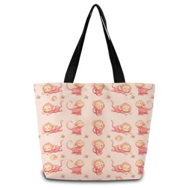 Imagem de ZhuVantrix Linda bolsa de ombro de macaco rosa fofa estética para compras com bolso interno com zíper, leve e lavável, presente de macaco elegante para mulheres amigas