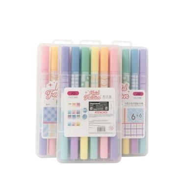 Imagem de Caneta Marca Texto Ponta Dupla, 6+6 Cores Pastel, Estojo Organizador Incluído