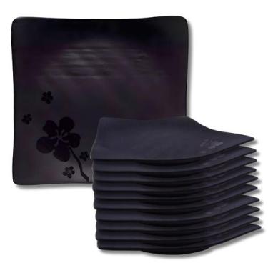 Imagem de Kit 10 Prato Kanpai Premium Raso Quadrado Preto de Melamina 15cm Comid
