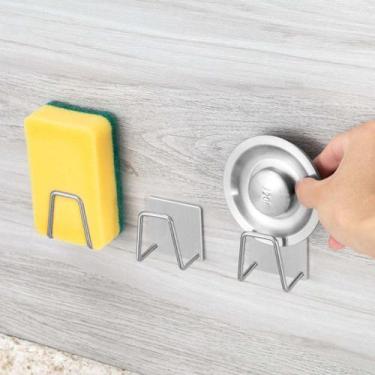 Imagem de Suporte De Esponja Bucha Pia Aço Inox Louça Cozinha Gancho Ventosa 3M 