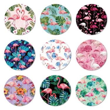 Imagem de ANATTASOUL Conjunto de 9 porta-copos de madeira coloridos com padrão de flamingos, presente de inauguração de casa redonda a granel para casa nova, proteção de mesa de centro decorativa de 9,9 cm para