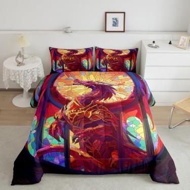 Imagem de Feelyou Conjunto de edredom solteiro com dragão para meninos e meninas, adolescentes, vida selvagem, conjunto de edredom para decoração de quarto, laranja escuro