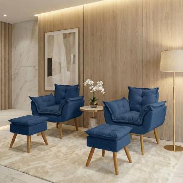 Imagem de Kit 2 Poltronas Decorativa e 2 Puffs Para Sala Recepção Manicure Consultório Quarto Alice Tecido Suede