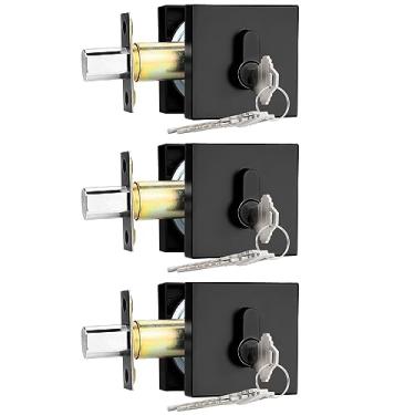 Imagem de Probrico Fechaduras de cilindro duplo com chave (pacote com 3) fechaduras de entrada e porta da frente Conjunto quadrado preto com as mesmas chaves, ferragens antifurto para portas internas e externas