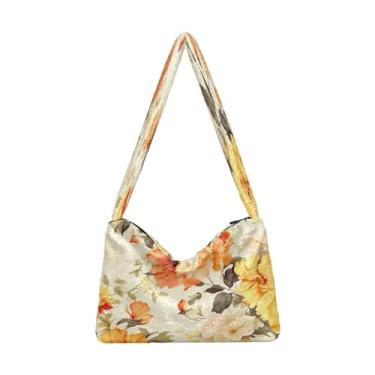 Imagem de Bolsa de ombro floral laranja e amarela em bege, bolsa com zíper, bolsa de ombro feminina, Laranja floral e amarelo em bege - 4, One Size