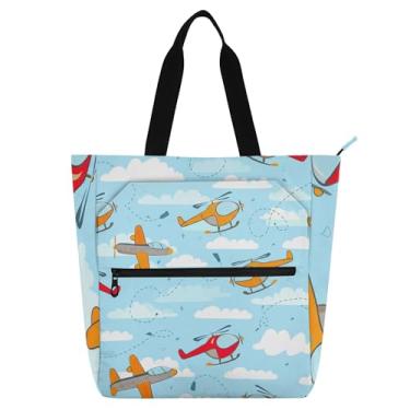 Imagem de GAIGEO Linda bolsa de trabalho de avião helicóptero céu azul para mulheres tote lona praia livro tote com zíper utilitário bolsas de escritório com compartimentos