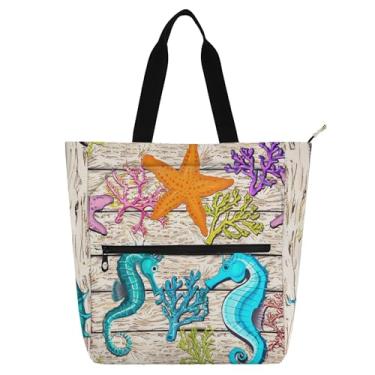 Imagem de GAIGEO Sacola colorida de criaturas marinhas cavalos-marinhos para crianças e mulheres, trabalho, escola, livro, zíper, bolsas de ombro médio