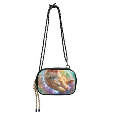Imagem de TSENQUE Bolsa feminina com anel de natação de gato laranja pequena bolsa transversal bolsa para celular bolsa de ombro leve para viagem