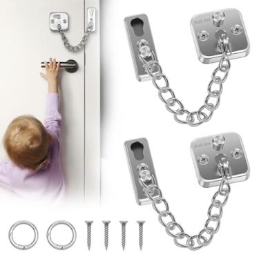 Imagem de 2 peças de aço inoxidável trava de corrente de porta de segurança resistente a impactos, ajuste universal, protetor de trava de corrente de porta com anel ajustável para casa, hotel, quarto