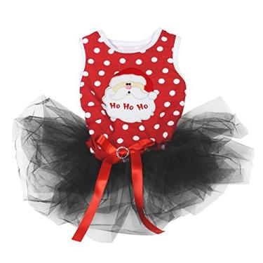 Imagem de Petitebella Roupas para filhotes de cachorro vestido de Natal Papai Noel vermelho top verde tutu (pequeno, rosto de Papai Noel)