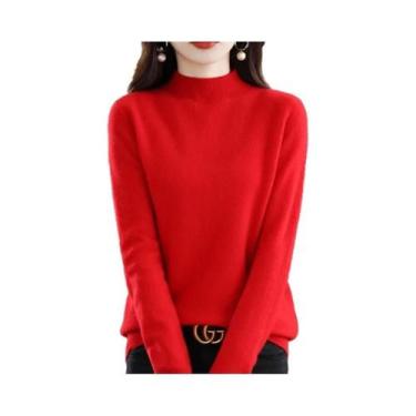 Imagem de Suéter Feminino De Lã Pura Para Outono Inverno, Gola Semi-Alta, Manga 