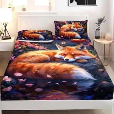 Imagem de AILONEN Jogo de lençol Queen lindo de raposa laranja, flores de cerejeira rosa para decoração de quarto, animais selvagens kawaii, 3 peças, 1 bolso profundo e 2 fronhas