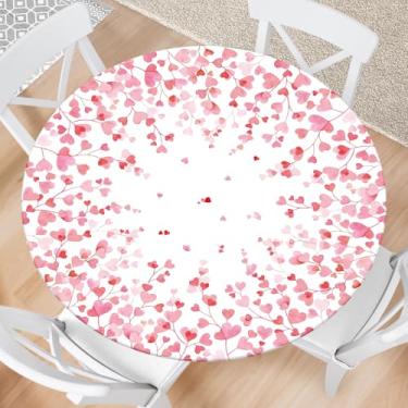 Imagem de Kamoor Toalha de mesa redonda para Dia dos Namorados com elástico rosa coração do amor, toalha de mesa à prova d'água, para decoração de piquenique, jantar, festa, serve para mesas redondas de 102 a