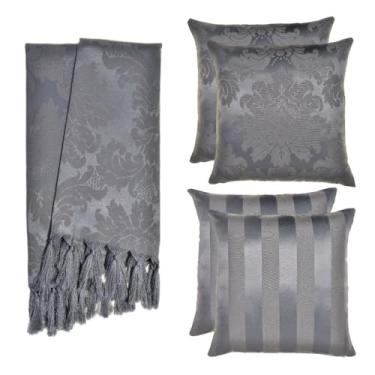 Imagem de Kit Manta para Sofá Jacquard 1.8x1.4m + 4 Capas de Almofada 45x45cm - Conjunto Protetor e Decorativo com Franjas Artesanais(Cinza Chumbo 141)