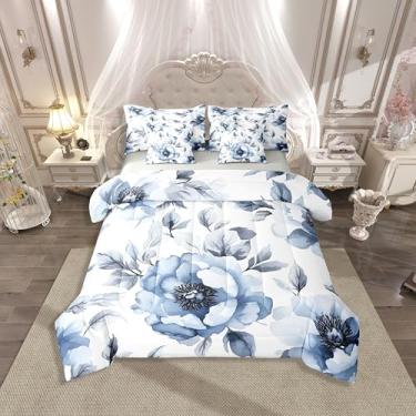 Imagem de Erosebridal Conjunto de cama Queen com flores em aquarela, tamanho Queen, cama floral azul retrô em uma bolsa, conjunto de cama de flores elegante inclui edredom, conjunto de lençol, fronhas e fronhas