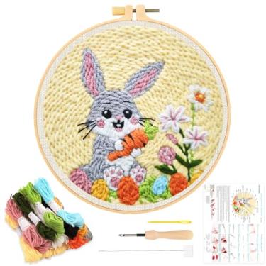 Imagem de JSRQT Kit de agulhas de punção de páscoa para adultos iniciantes com padrão de ovo de coelho, kit de bordado, faça você mesmo, artesanato artesanal, ferramentas para iniciantes, tapete, fio, gancho
