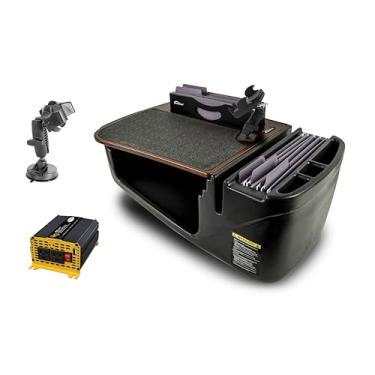Imagem de AutoExec Mesa de carro Efficiency FileMaster para sua estação de trabalho de veículo e escritório móvel, mogno, com inversor de potência de 400 watts, suporte para telefone e sucção para telefone