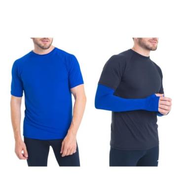 Imagem de Kit Camiseta Curta Masculina e Manguito com Dedo Esportiva Proteção UV50+ Academia Fitness Trygg (G, Azul)