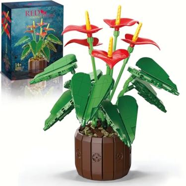 Imagem de Red Anthurium Flowers Building Set with Vase for Adults, Compatible with Lego Botanicals Collection, Cute Potted Plants Desk Office Décor, Creative Flores Gift for Women Girls Teens 14+, 732 PCS
