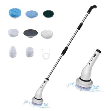 Imagem de Escova elétrica sem fio com 2 velocidades de limpeza 7 cabeças substituíveis e braço extensível ajustável para banheiro piso chuveiro banheira vidro c