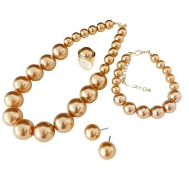 Imagem de xuzhiyuan Conjunto de joias de pérolas femininas – Inclui colar, pulseira, brincos e anel | Conjunto de joias coloridas de pérolas falsas para festas, casamentos, uso diário, Medium, Acrílico, Sem