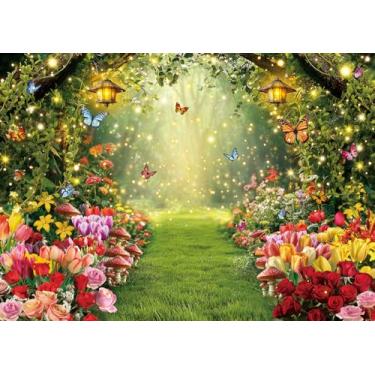Imagem de Floresta Encantada Primavera Fundo Floral Flor Borboleta Fotografia Fundo de Conto de Fadas Jardim Festa Banner Crianças Menina Bebê Decoração Suprimentos (208 x 149 cm (7 x 5 pés))