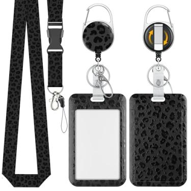 Imagem de Uniclife Porta-crachá deslizante elegante preto com estampa de leopardo com mosquetão retrátil e cordão destacável protetor de cartão vertical para trabalhadores de escritório, professores, estudantes